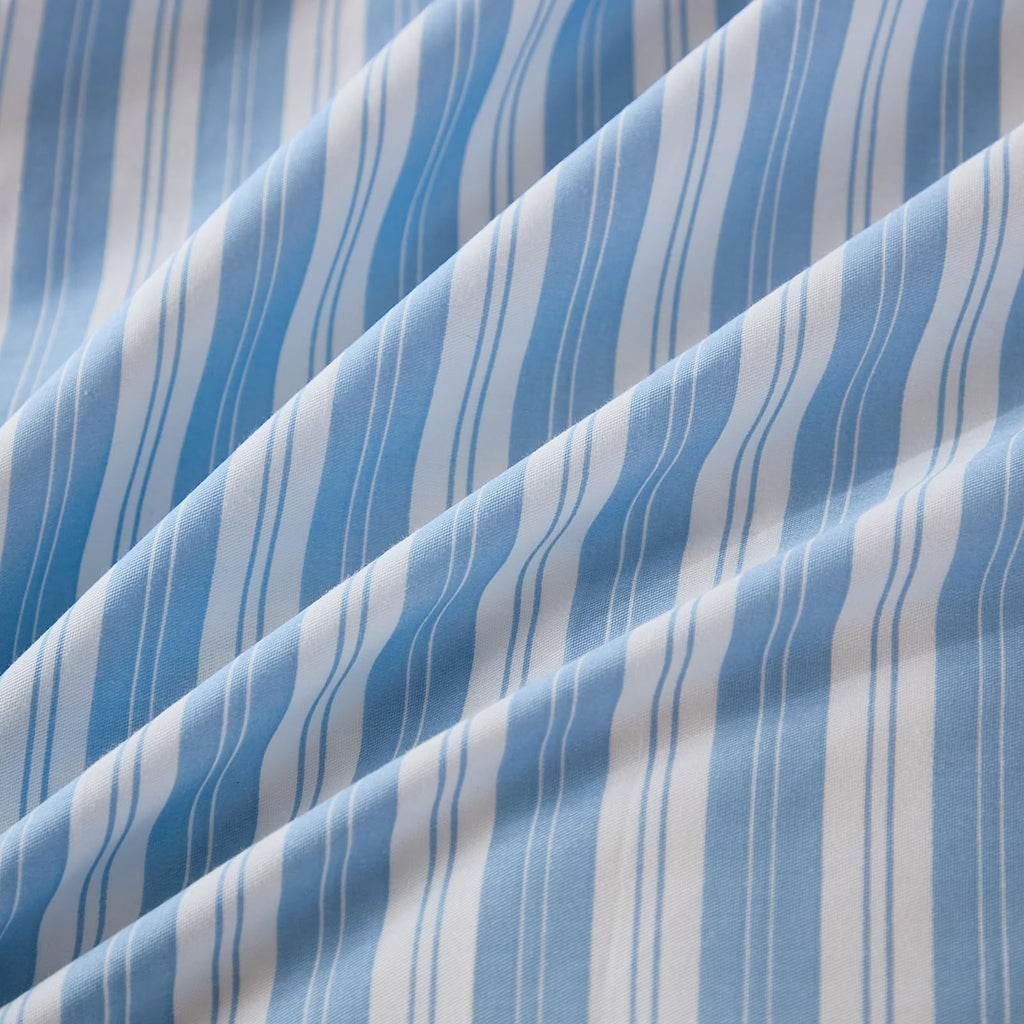 Blue and White Striped Comforter Set, 100% Cotton, Ruffle Trim Comforter Set, Soft Lightweight Breathable