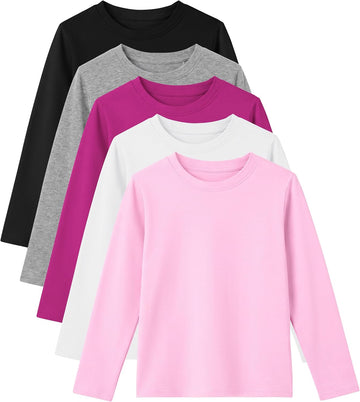 5 Pack Girls Long Sleeve Shirts Kids Cotton Crew Neck Tops