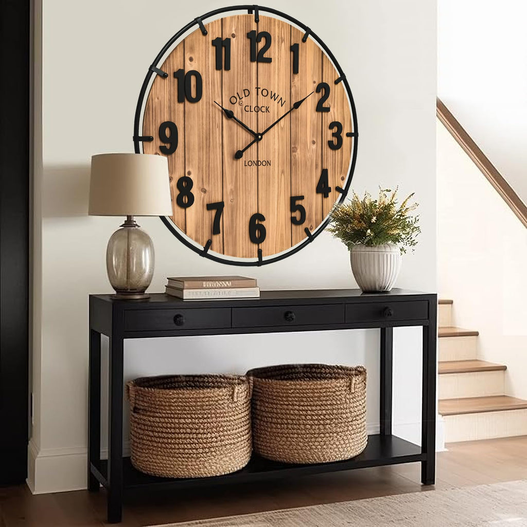 30 Inch Farmhouse Wall Clock Large Old Town Vintage Rustic Wooden Clock with Metal Rim and Large Numerals, Silent