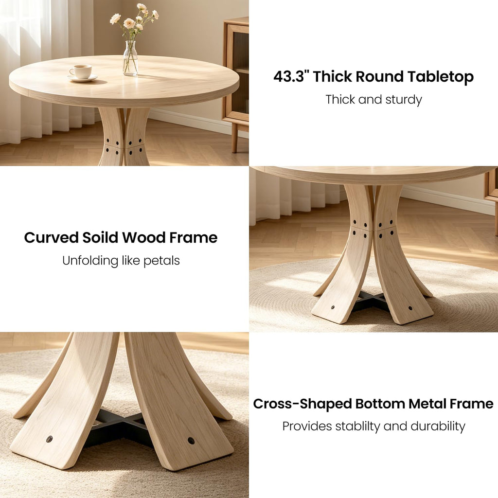 43.3" Round Dining Table Set for 4 with Curved Solid Wood Frame