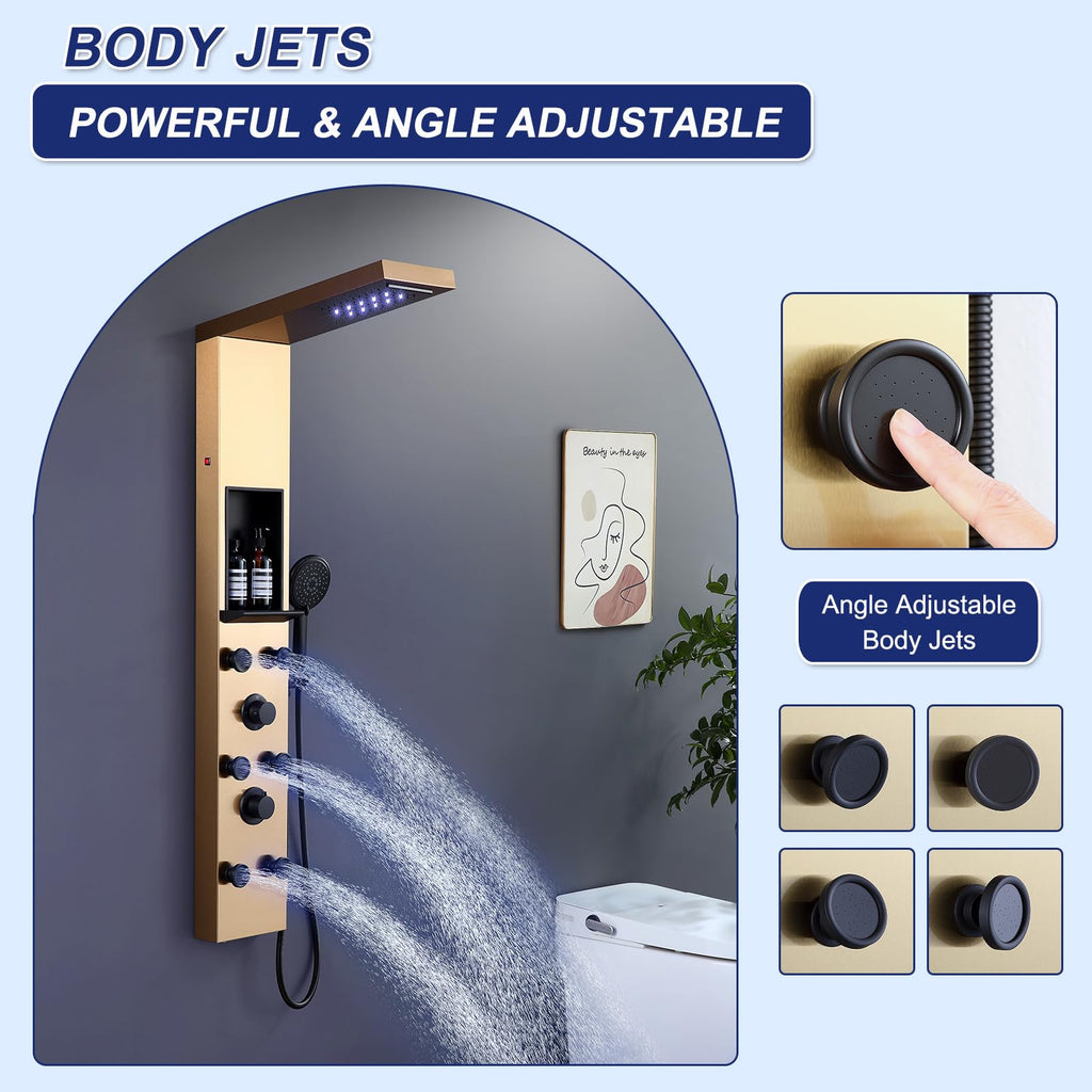 LED Shower Panel with Shelf and 6 Adjustable Body Jets, Gold