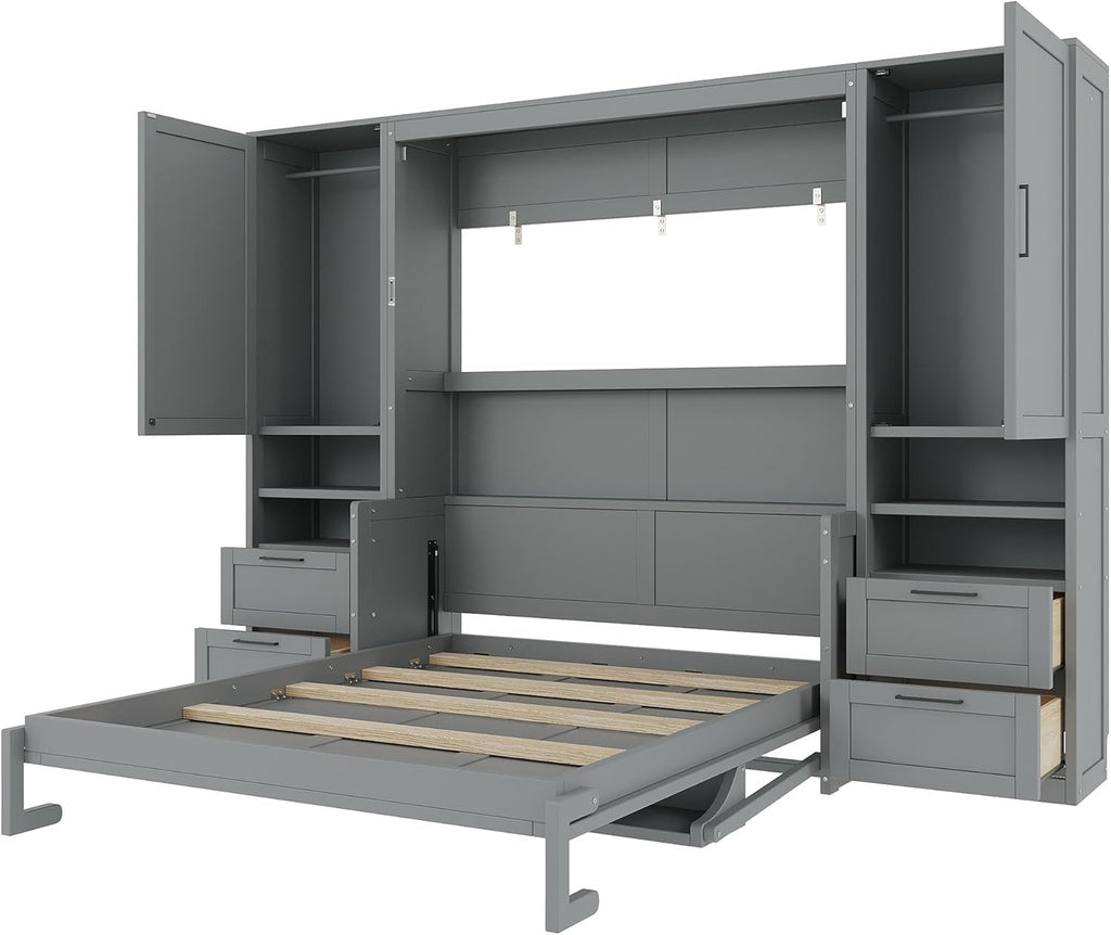 Queen Murphy Bed with Desk, Multifunctional Foldable Wall Bed with Closet, Drawers and Shelves, Space-Saving Wood