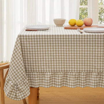 Taupe Gingham Tablecloth 52 x 70 Inch, Cotton Plaid Tablecloth