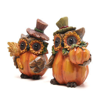 Harvest Decor Resin Owl Figurines with Sunflower and Pumpkin, Thanksgiving Collectible Statue for Autumn Table Decor