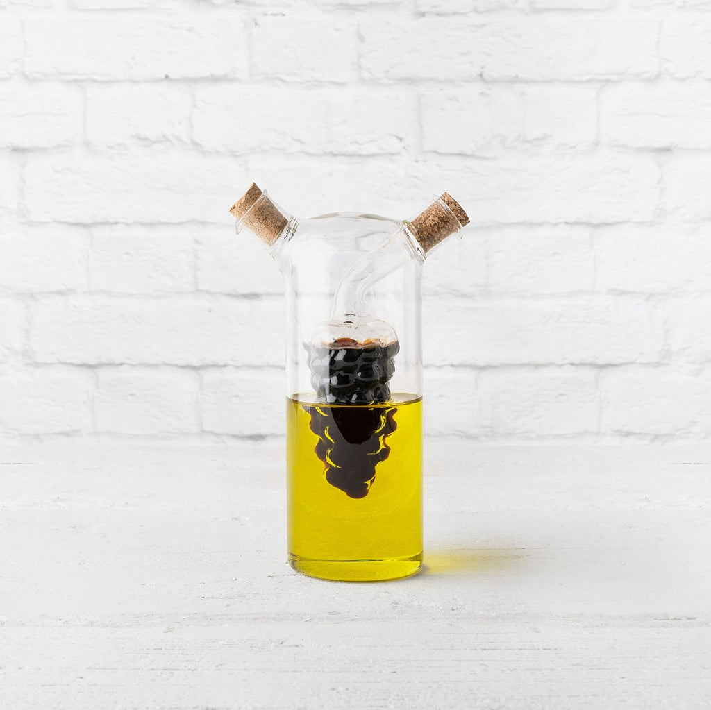 2-In-1 Oil and Vinegar Cruet Bottle with Cork Stoppers, Olive Oil and Balsamic Vinegar Dispenser, Hand Blown Glass