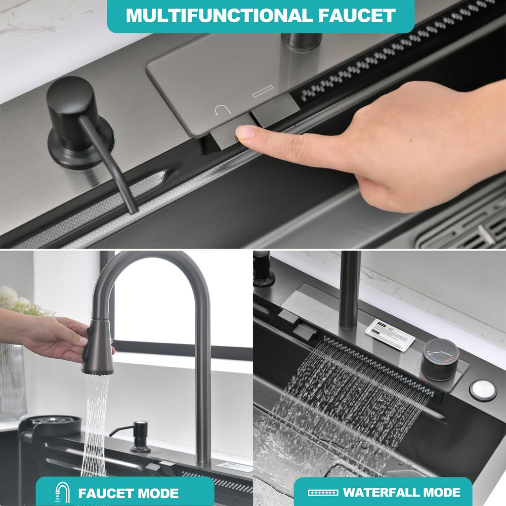 Waterfall 30 Inch Drop-in Single Bowl Stainless Steel Multifunctional with 2-in-1 Faucet and Accessories (30"x18")