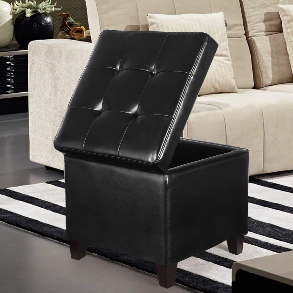 Storage Ottoman Foot Rest Stool, Leather Ottoman Footstool with Wood Legs and Hinged Lid, 18" Small Foot Stool Bench