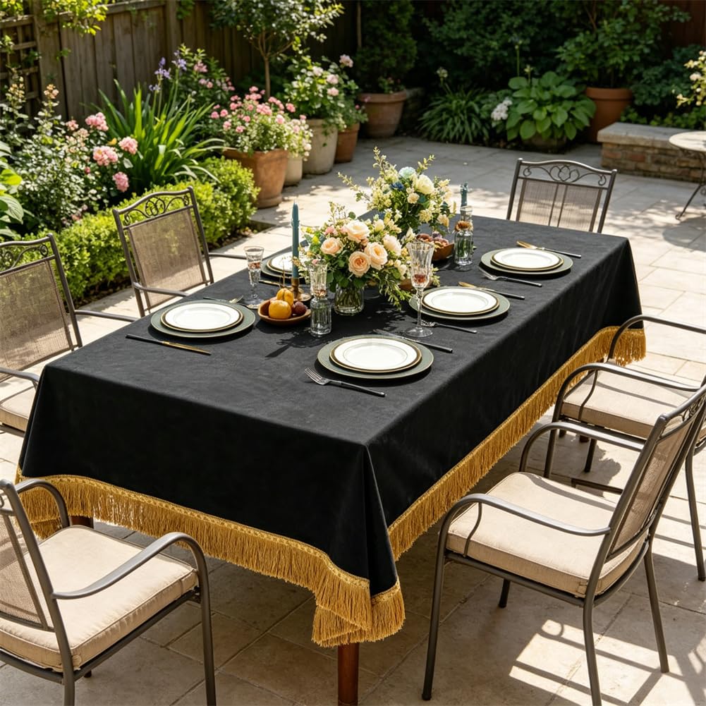 Black Velvet Tablecloth, Vintage Rectangular Table Cover, Luxurious Plush Velvet with Elegant Gold Tassel Trim