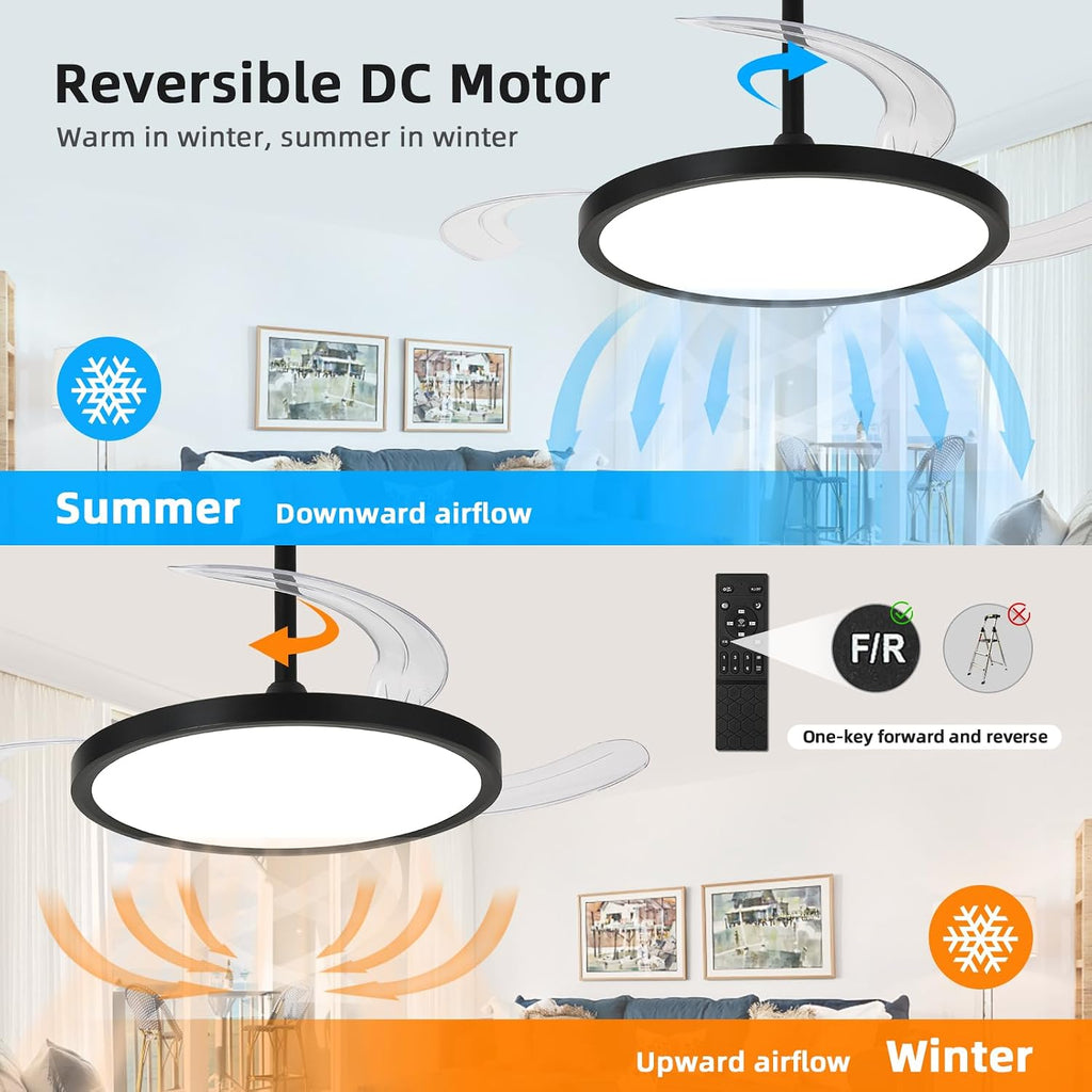 42 inch Retractable Ceiling Fan with Lights,6 Speed Dimmable Silent Fan,Modern Ceiling Fan with Light Remote Control