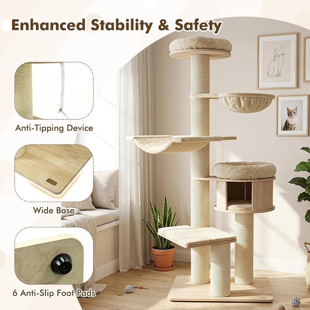 75.5-inch Tall Wooden Cat Tree, Multi-Level Modern Cat Tower, Beige