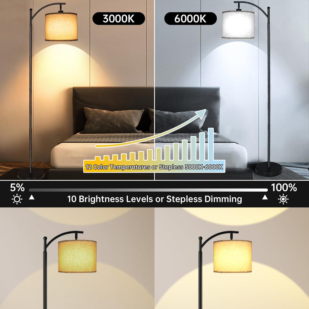LED Floor Lamps, 12W Modern Arc Floor Lamp with Remote & Adjustable Linen Lampshade, 12 Color Temperature