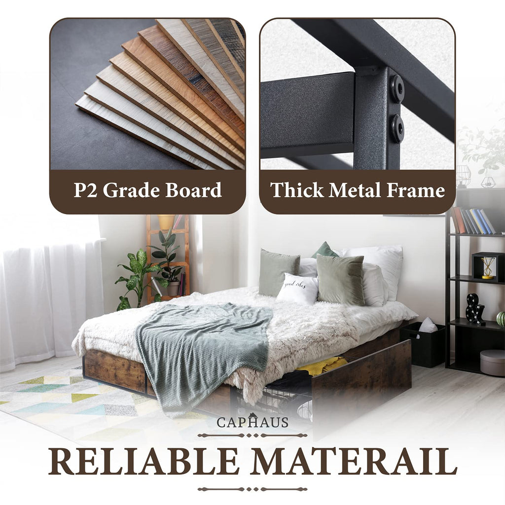 Industrial Metal Storage Bed Frame with 4 Drawers, Mattress Foundation with Metal Slat Support, Space Saving Platform