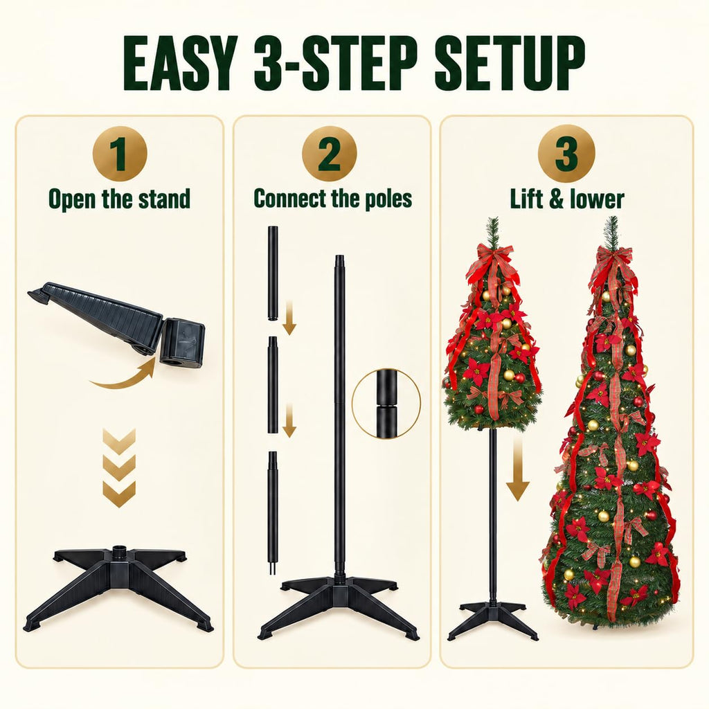 7FT Pop Up with Lights, Prelit Collapsible with 200 Warm Lights, Decorated Popup Xmas Trees for Holiday, Party