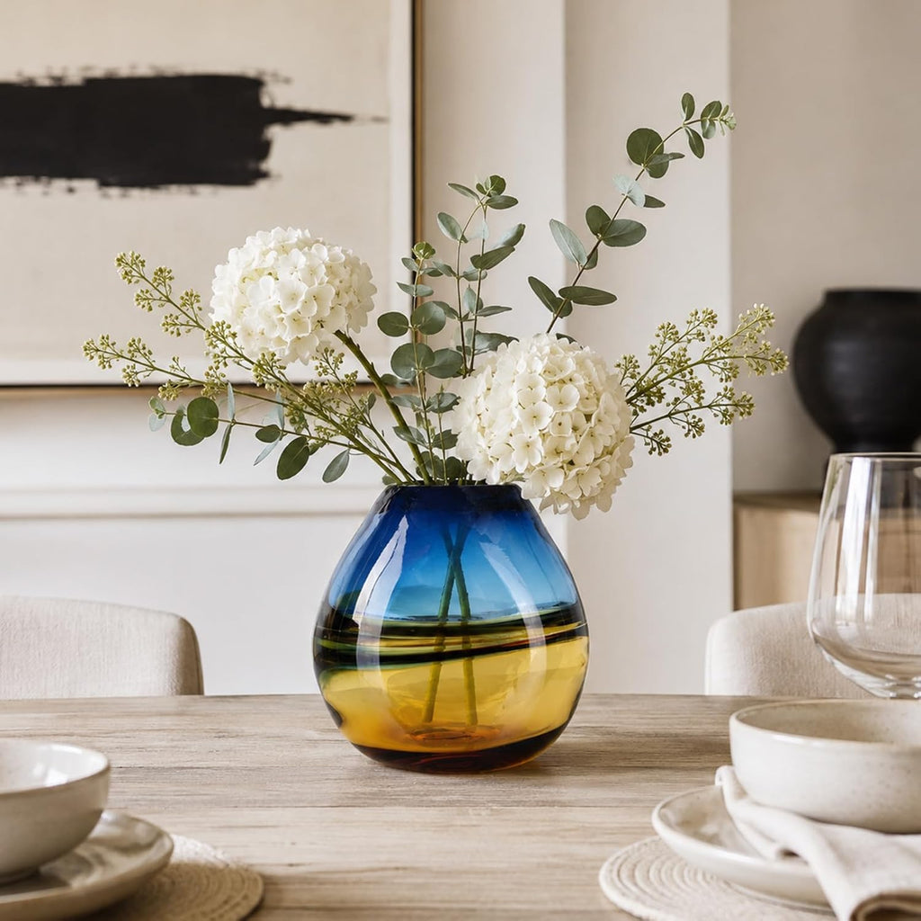 Hand Blown Glass Flower Vase, Murano Style Art Glass Vase Table Centerpiece