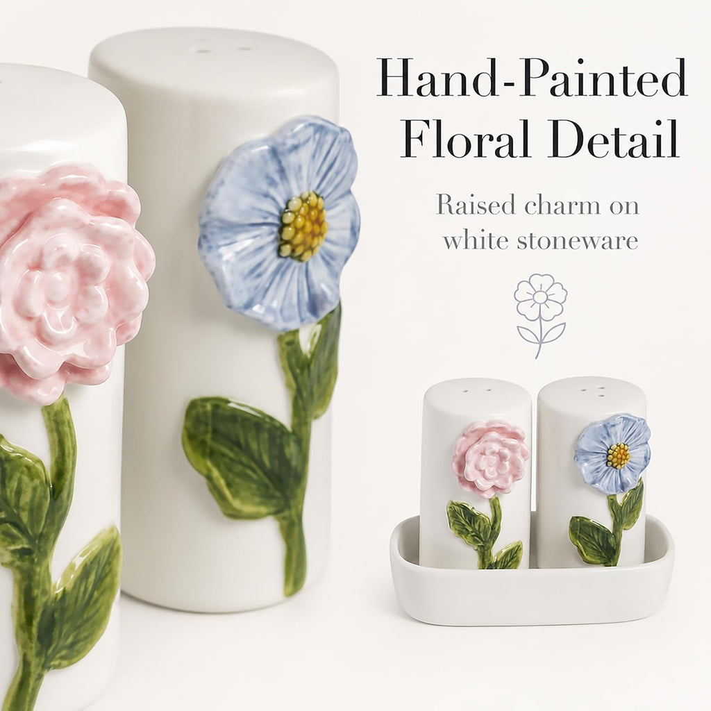 Stoneware Flower Salt And Pepper Shaker Set - Set of 3