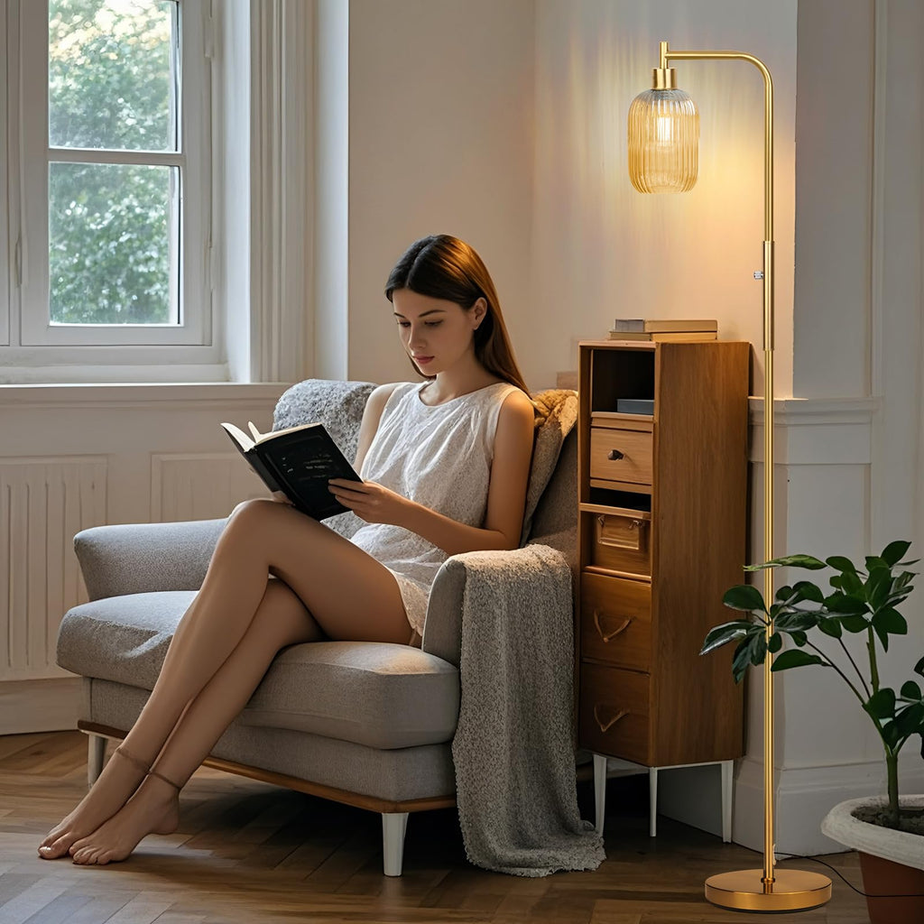 Glass Floor Lamp, Dimmer Standing Lamp with Green Ribbed Lampshade, 66" Tall Lamp & Gold Floor Lamp Study
