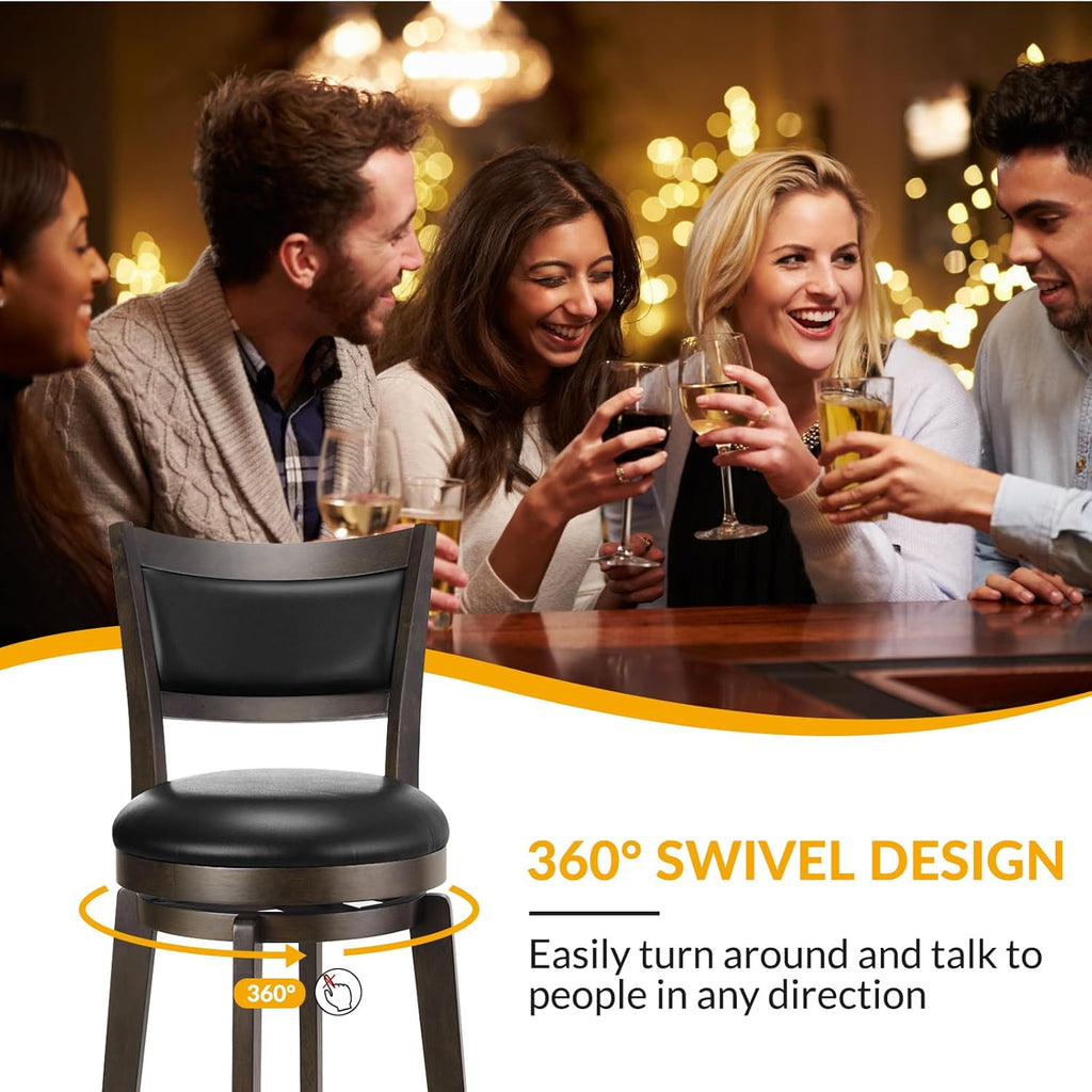Swivel Bar Stools Set of 2, 30 Inch Bar Height Barstools, Black Faux Leather Bar Stool with High Backrest & Solid