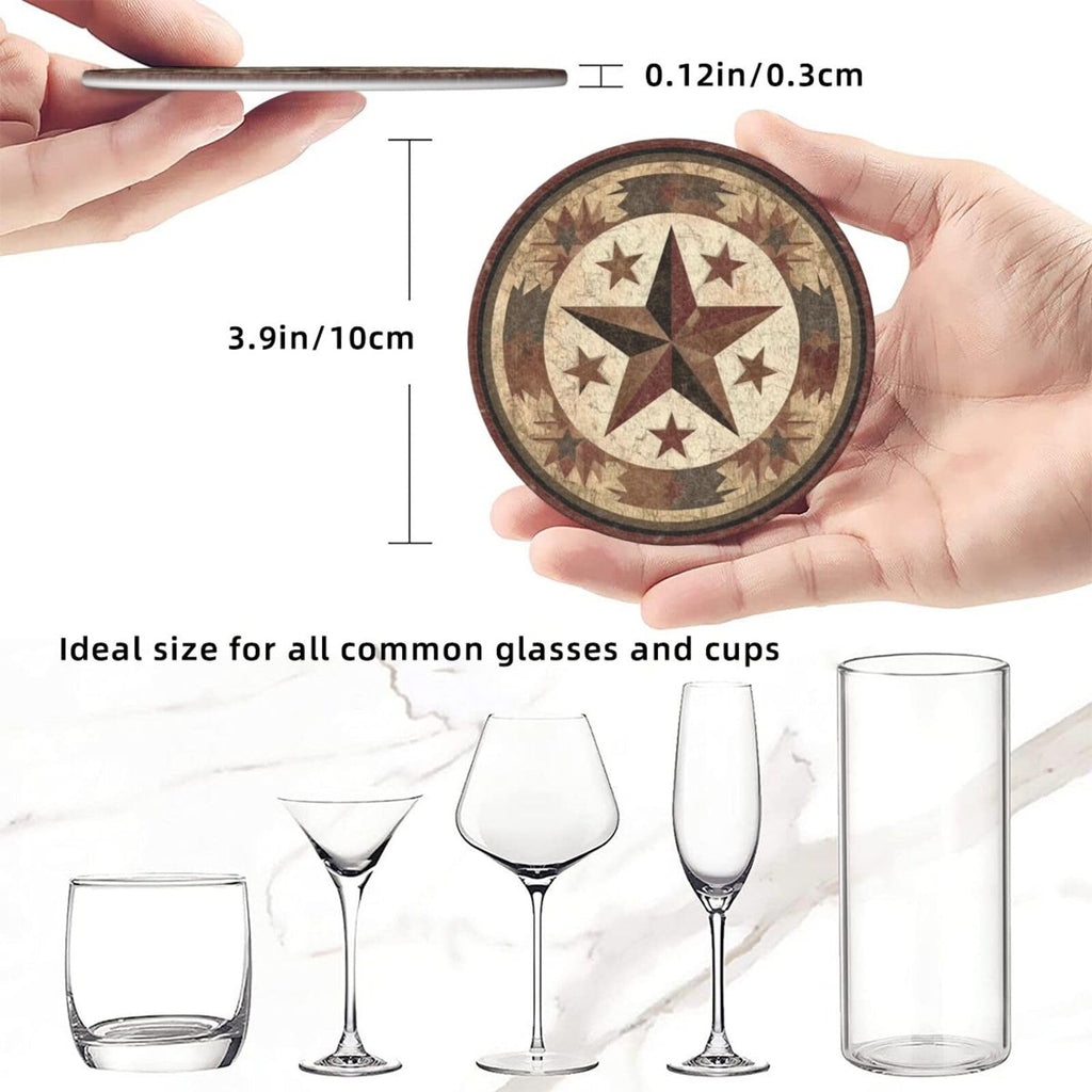 Western Coasters for Drinks with Holder Round Leather Coasters Set of 6 Cups Mugs Mat Pad Kitchen Bar