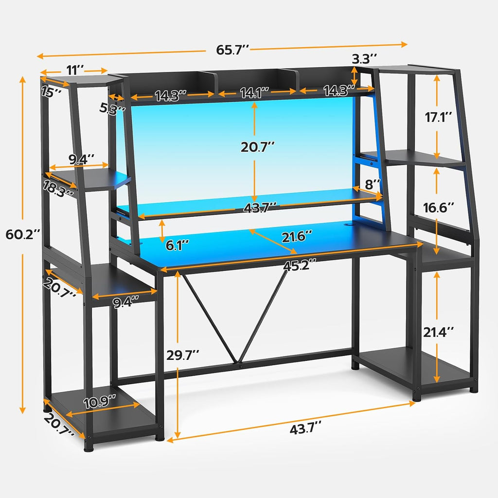 65.7'' Gaming Desk with LED Lights, Hutch and Storage Shelves, Black | Computer Desk with Monitor Stand, Large PC