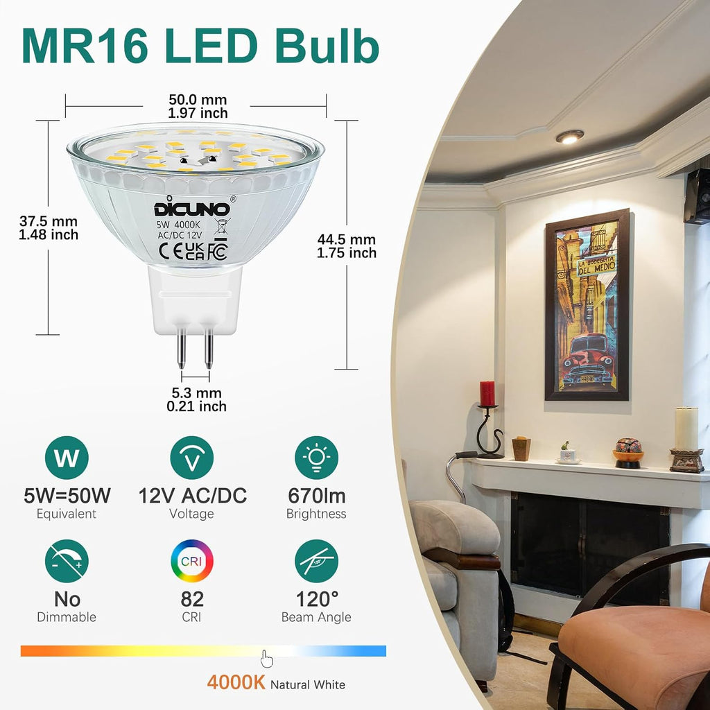 GU5.3 LED Bulb, 50W Equivalent, Natural White 4000K, 670LM