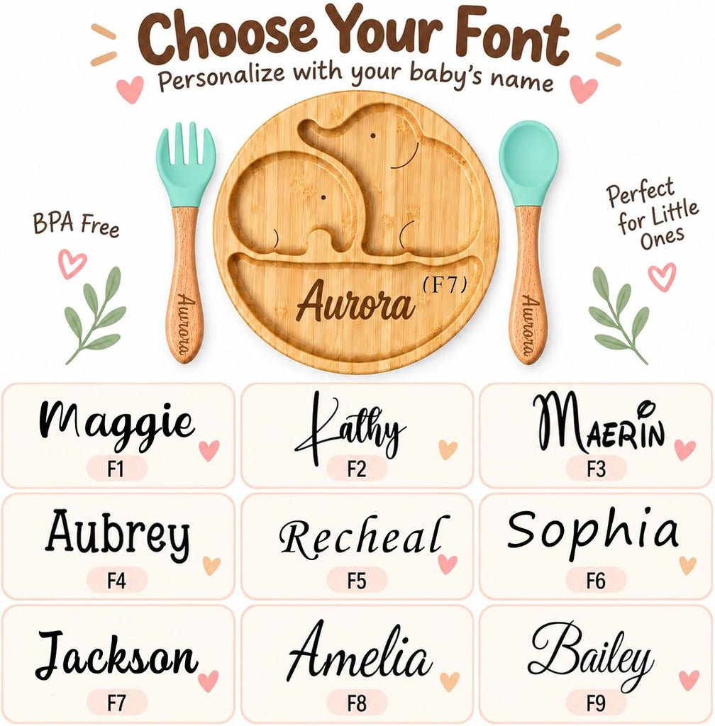 Personalized Bamboo Baby Plate with Suction, Custom Name Toddler Plate Set