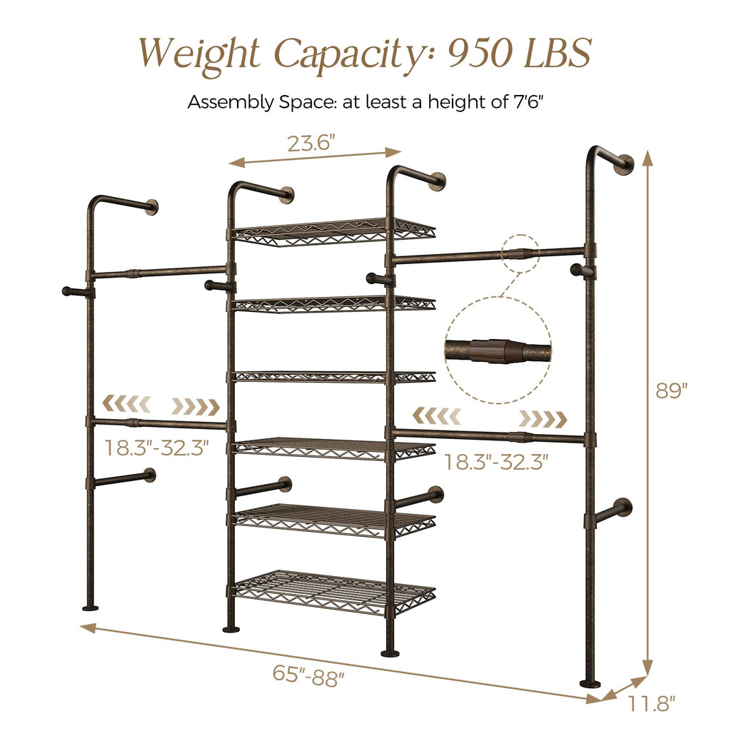 Wall Mounted Closet System, 3-Row Heavy Duty Garment Rack, Black and Gold