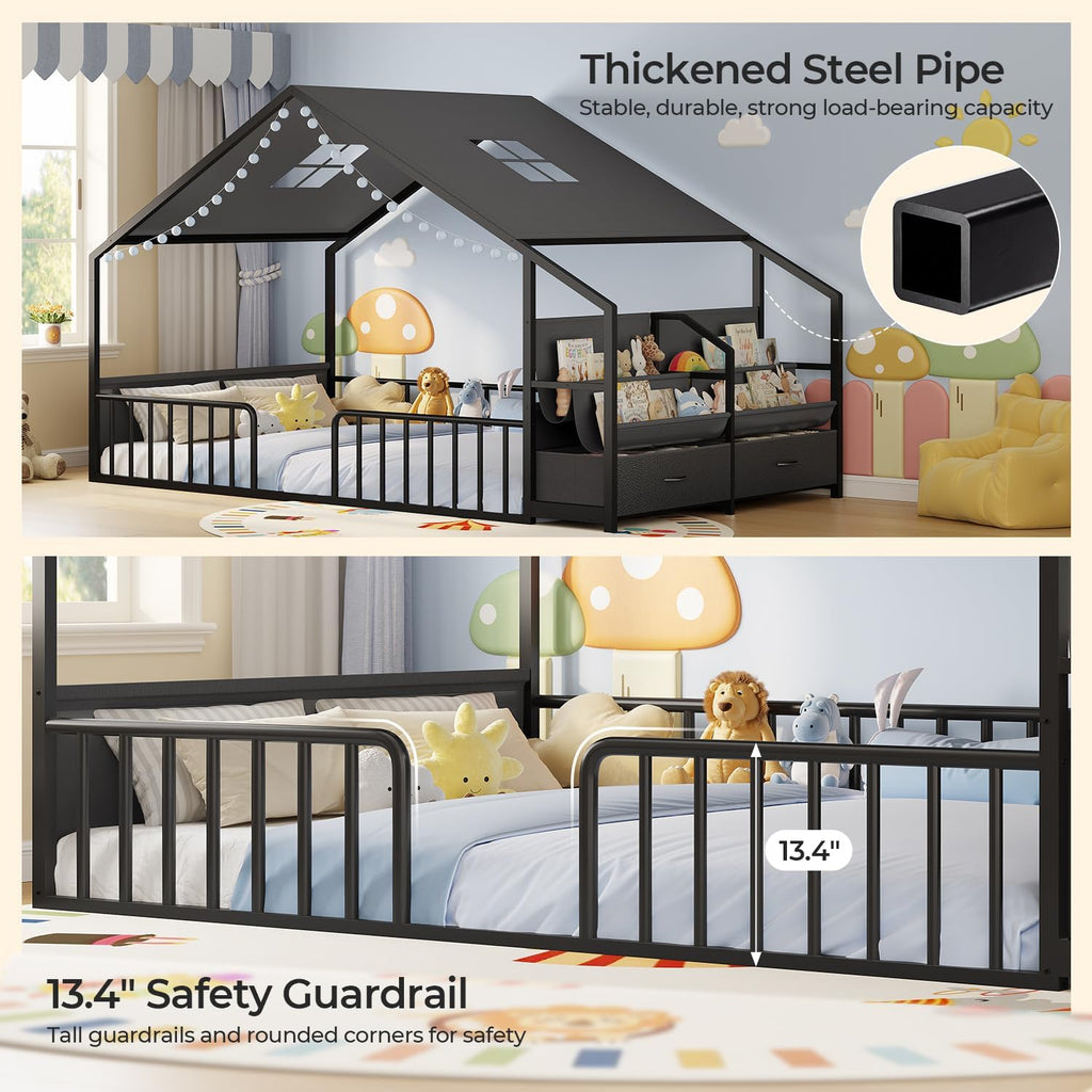 Montessori Floor Bed, Safety Guardrails, Reading Nook, Black