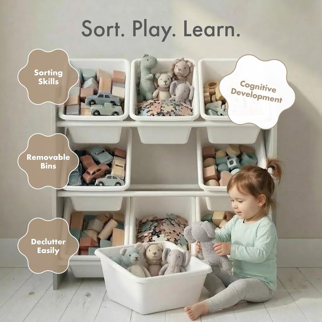 Kids Toy Organizer with 9 Bins, 3 Tier Storage | Sturdy wood and steel toddler shelf, removable BPA-free containers