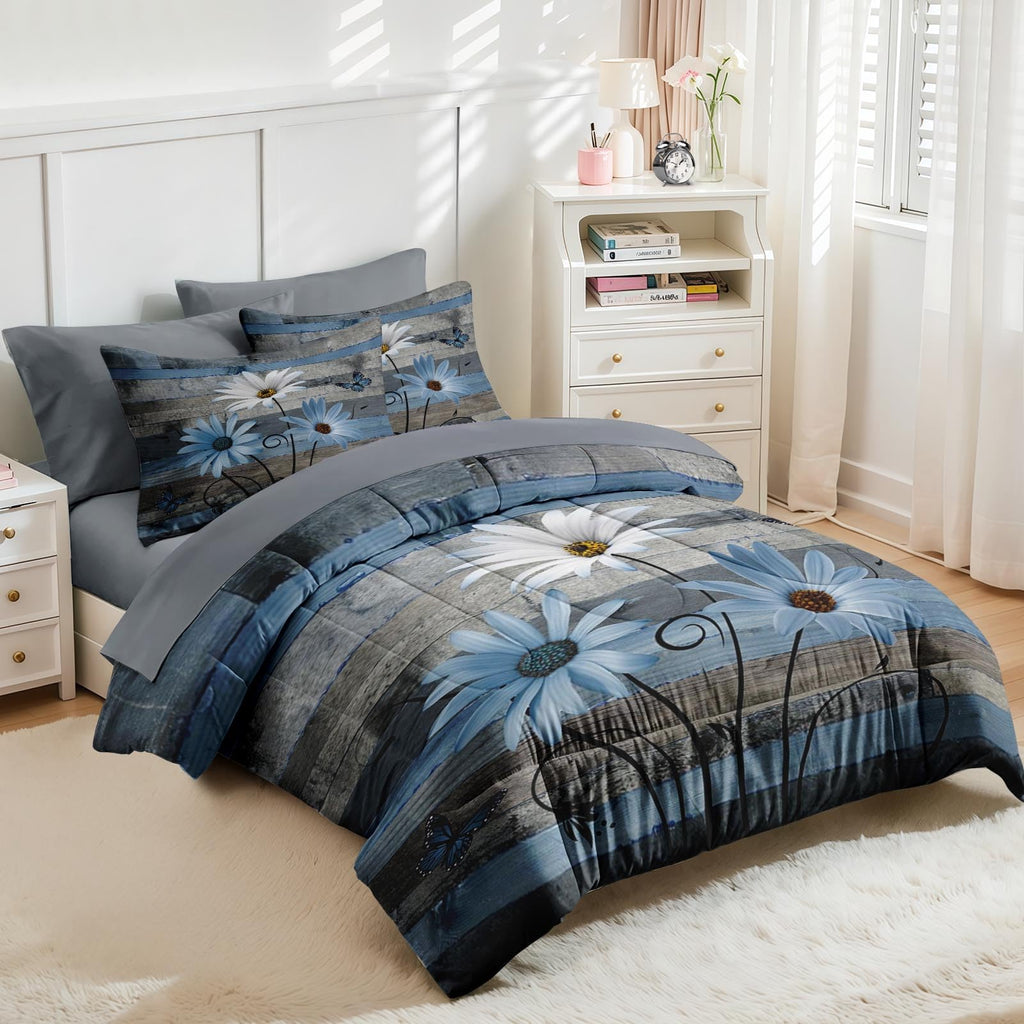 Comforter Set with Sheets, 7 Pieces Farmhouse Daisy Bedding