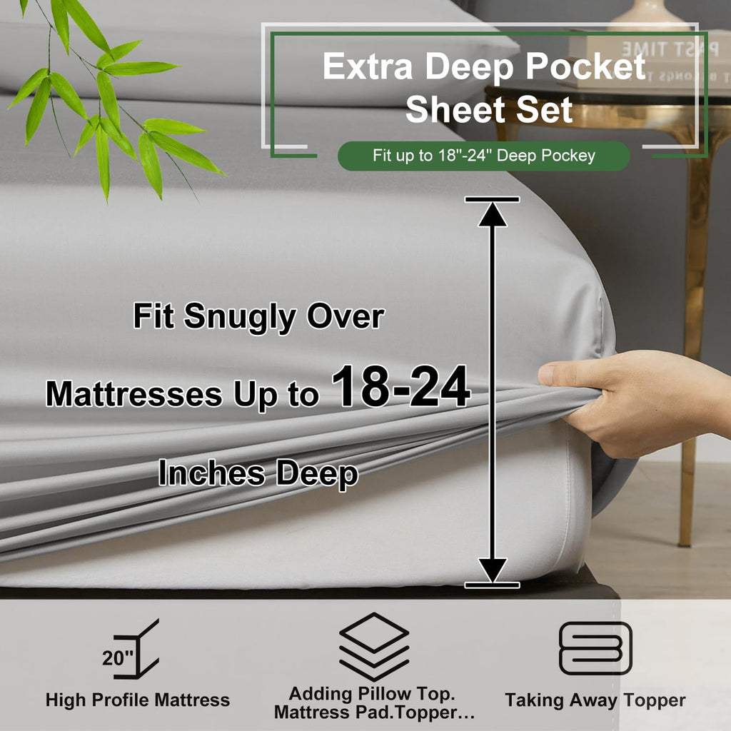 Deep Pocket King Sheets, 100% Rayon Derived from Bamboo, 18-24 Inch