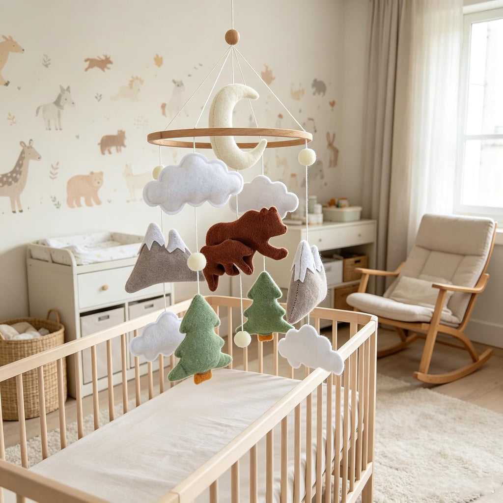 Woodland Bear Baby Mobile for Crib - Neutral Felt Mounta Decor | Hand-Stitched Hanging Toys for Boy & Girl Baby
