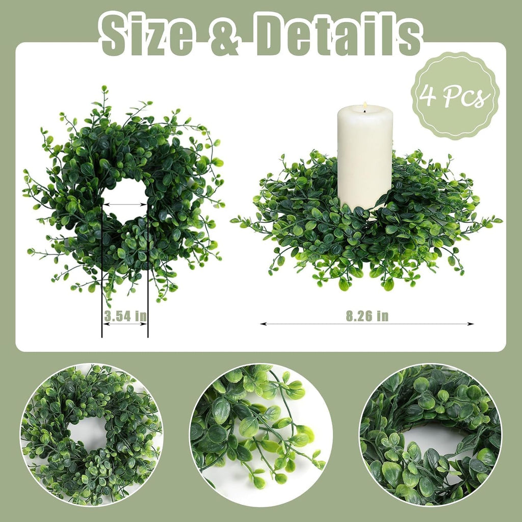 Spring Summer Candle Rings Green Boxwood Wreaths 3 Inch Green Boxwood Candle Rings Pillars Kitchen Cabinet - Set of 4