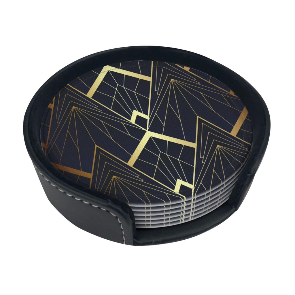 Abstract Art Deco Leather Drinks Coasters with Holder, Set of 6
