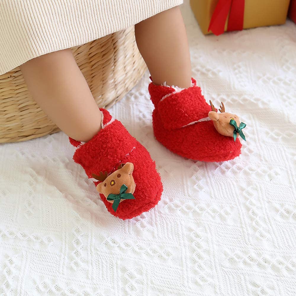 Infant Baby Booties Cozy Fleece Newborn Slippers Soft Warm Christmas Dress Shoes Cartoon Crib Shoes with Socks
