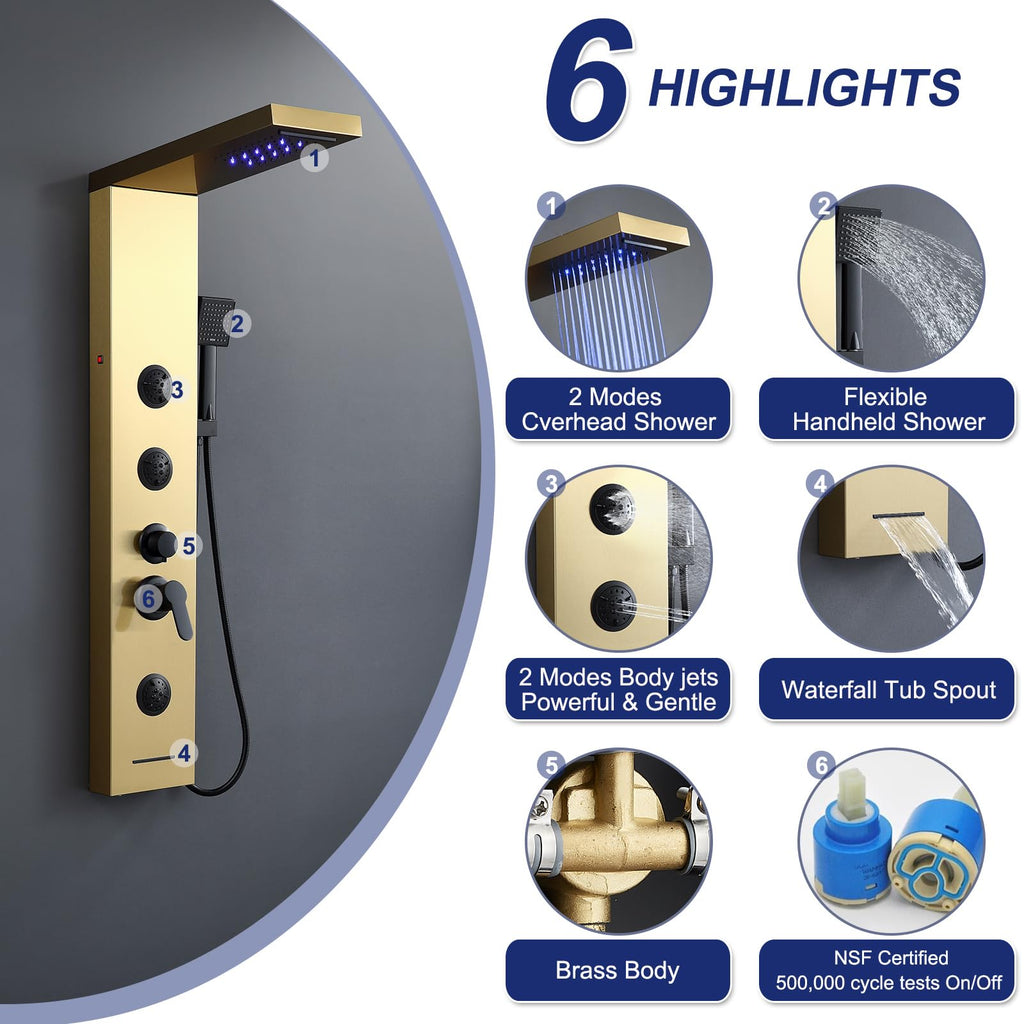 6 in 1 LED Rainfall Waterfall Shower Panel Tower System Brushed Gold