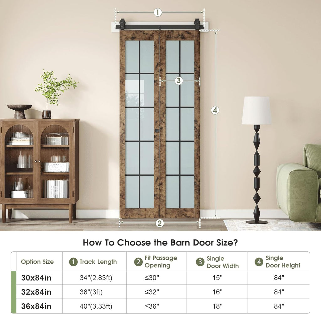 Preassembled Bifold Barn Door 30 x 84 in (Double 15x84in) with Bi-fold Door Hardware Kit, Frosted Glass Cross