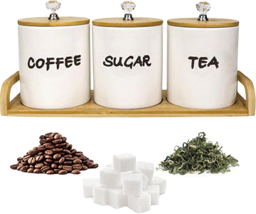 Coffee Tea Sugar Container,Farmhouse Storage Containers Jars,Airtight Ceramic Kitchen Canister Set - Set of 3