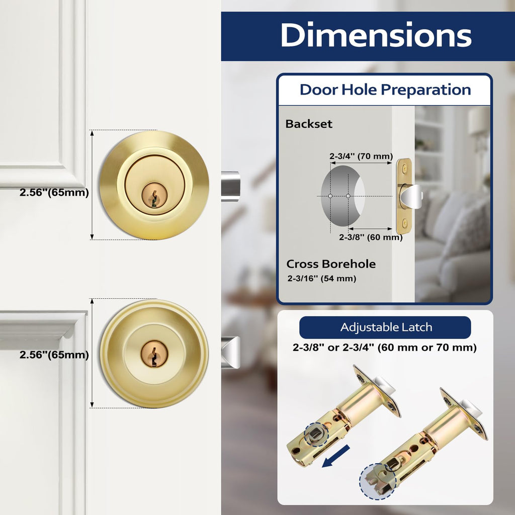 3 Pack Satin Brass Entry Door Locksets with Deadbolt