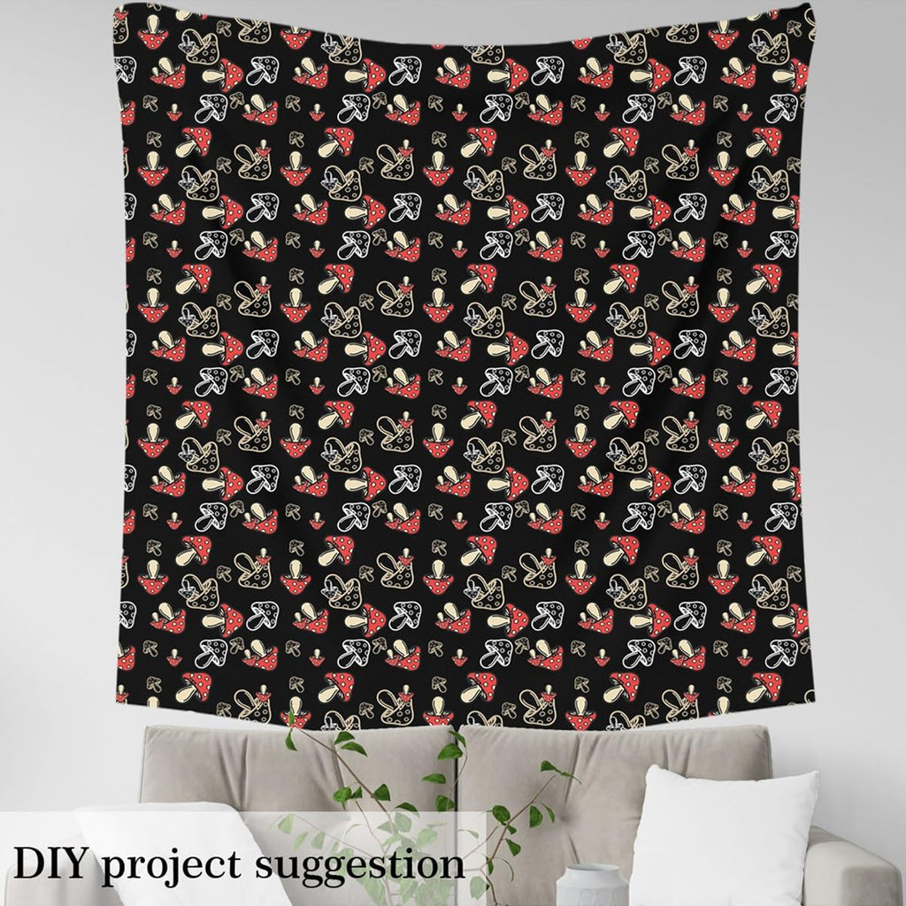 Cute Mushroom Botanica Mushrooms Pattern Upholstery Fabric, Kawaii Fungus Fabric for Chairs, 10 Yards, Red Black White
