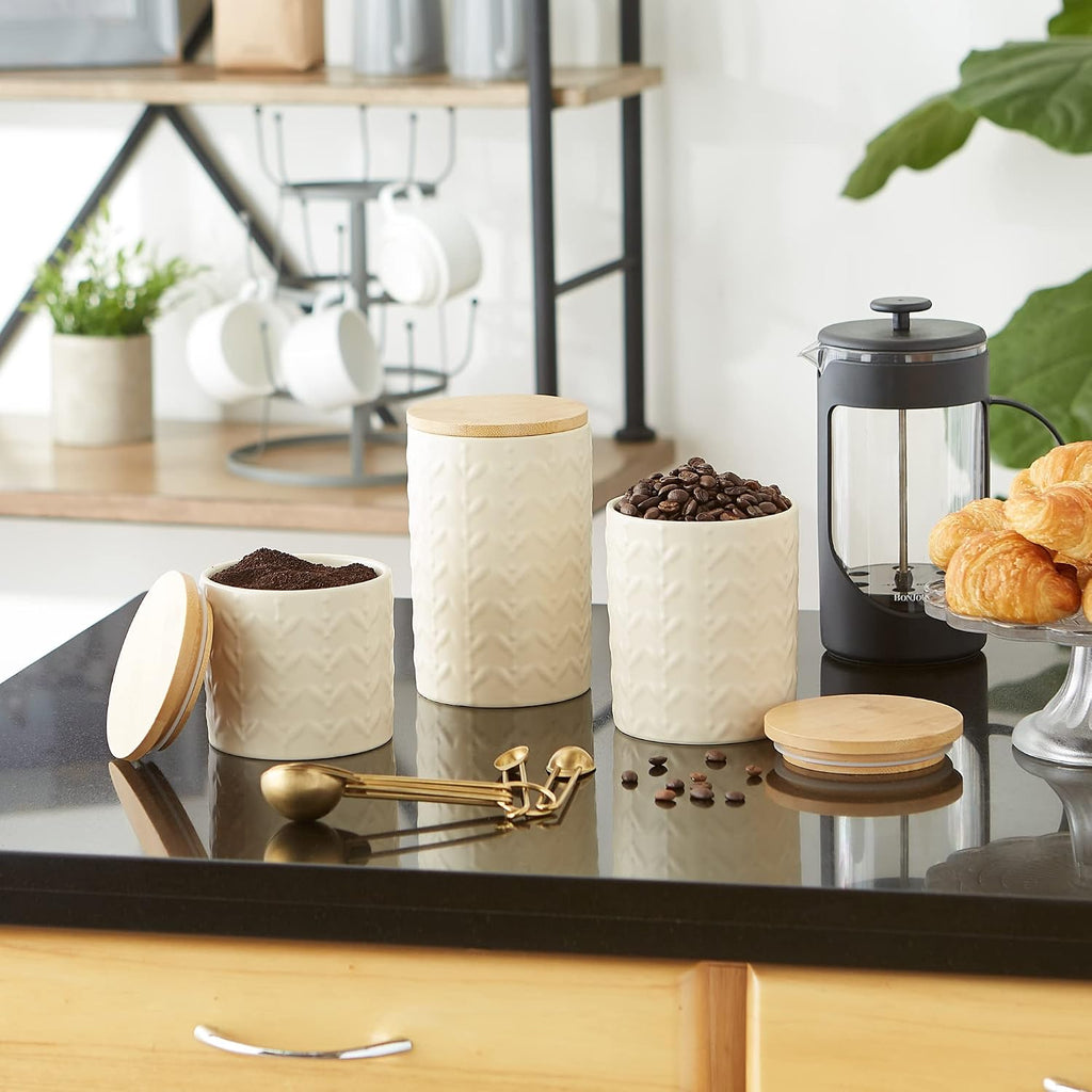 Kitchen Accessories Collection, Textured Matte Ceramic Canister Set, Antique White, Vine - Set of 3