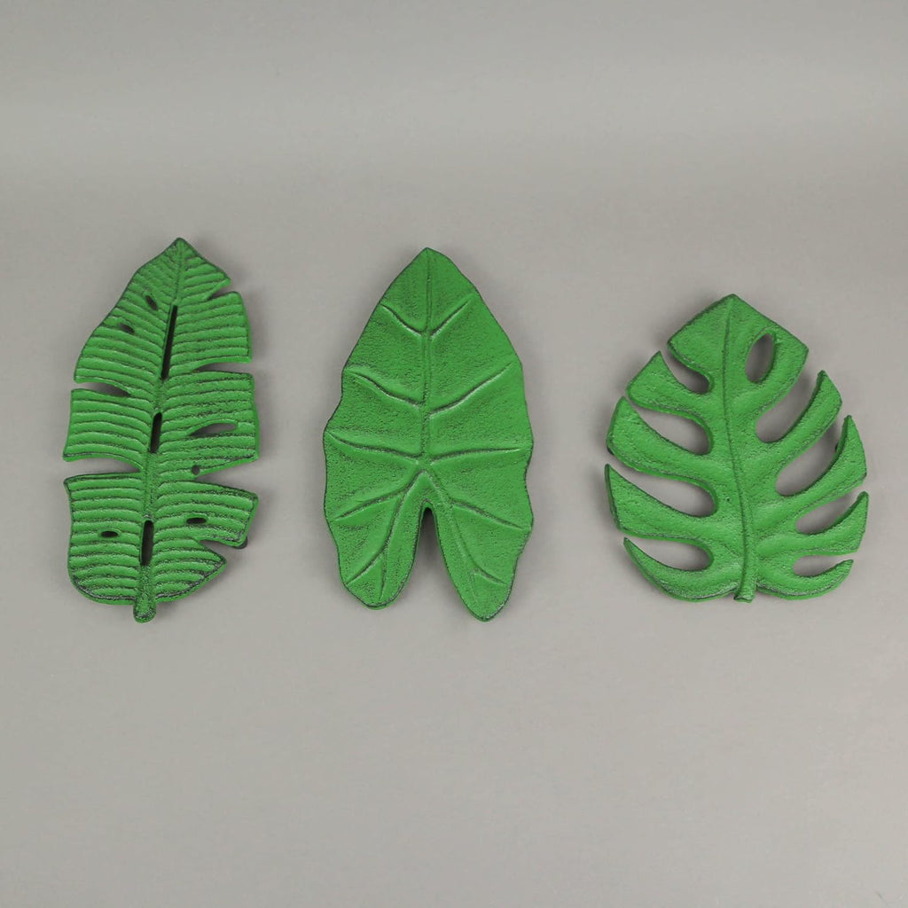 Cast Iron Trivets, 10 Inch Tropical Leaf Designs - Set of 3