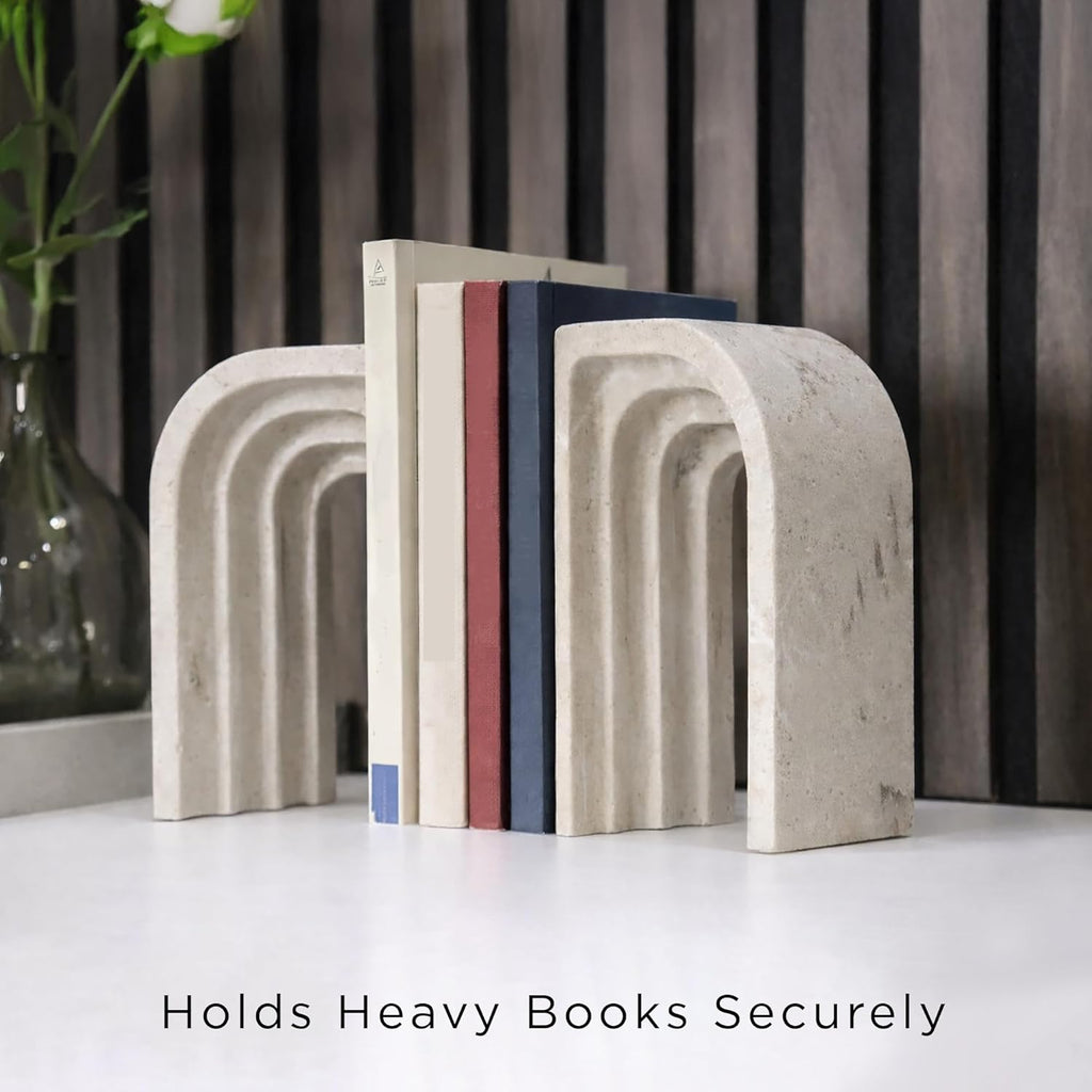 Decorative Bookends for Shelves - Heavy Duty Book Ends for Heavy Books, Stone-Inspired Composite Bookends, Non-Slip