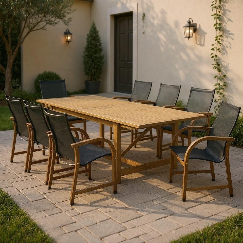 Franklin 9-Piece Rectangular Extendable Patio Dining Set Teak Finish and Weather-Net Technology Ideal for Outdoors