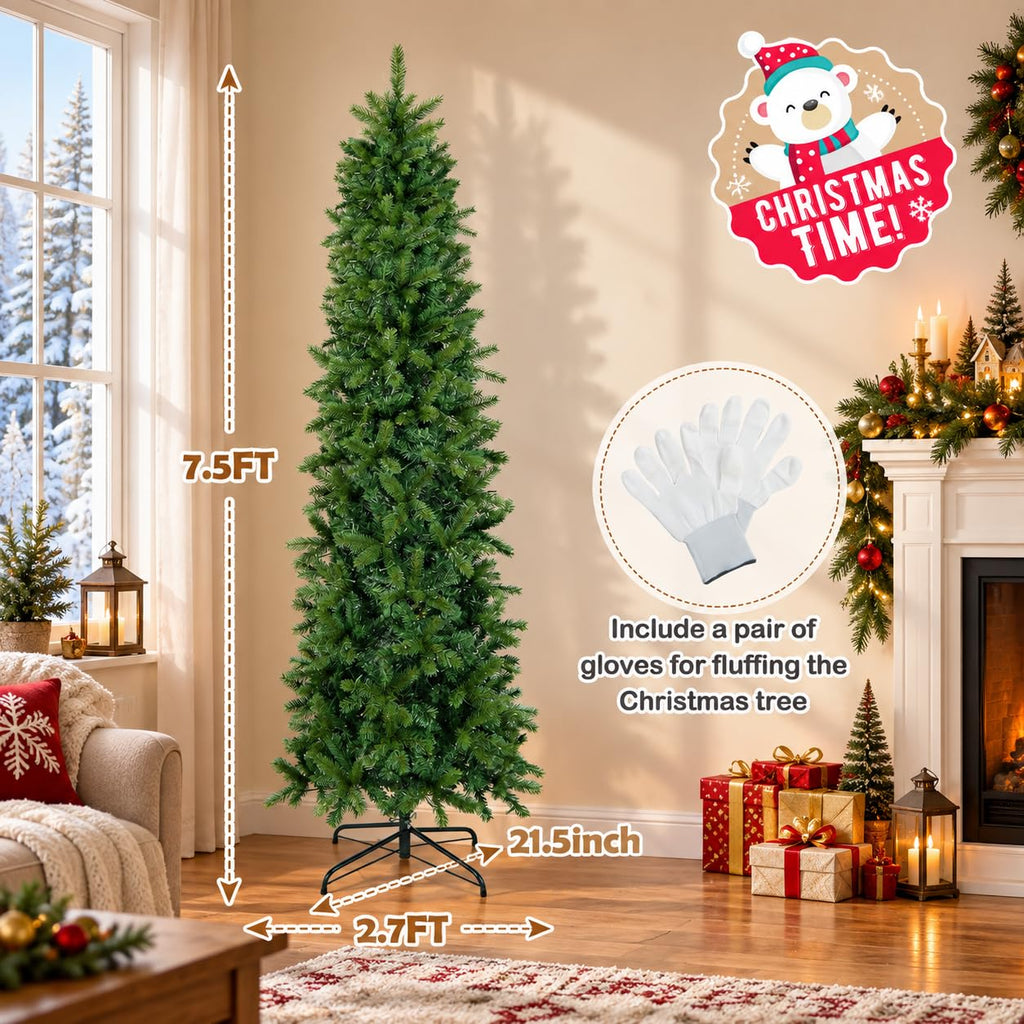 7.5 FT Pre-Lit Artificial Christmas Tree, Slim, Pencil, Easy Setup