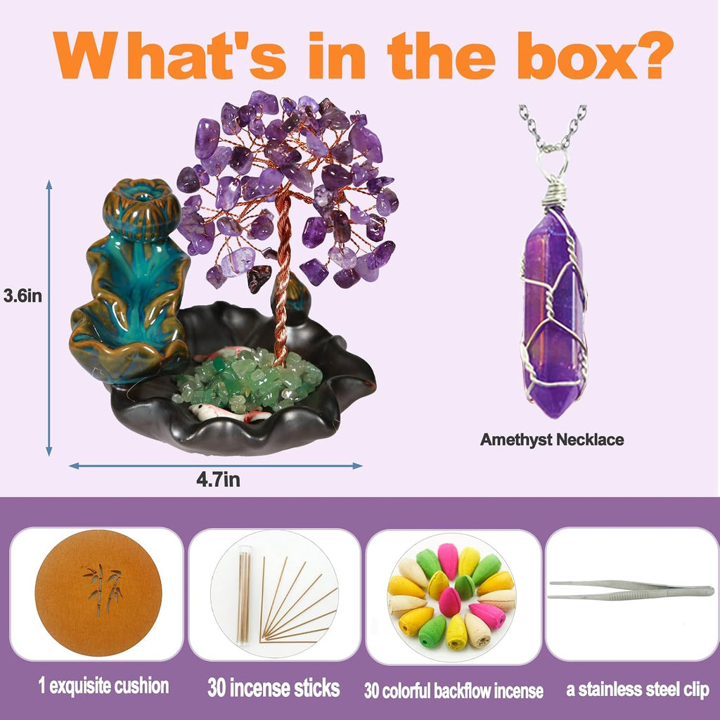Ceramic Waterfall Incense Burner, Money Tree Backflow Holder Healing Crystal Stone, with 30 Cones + Stick for Yoga - Set of 63