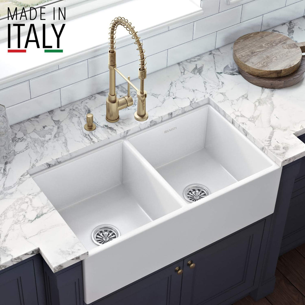 33-inch Fireclay Farmhouse Apron-Front Kitchen Sink Double Bowl - White - RVL2311WH