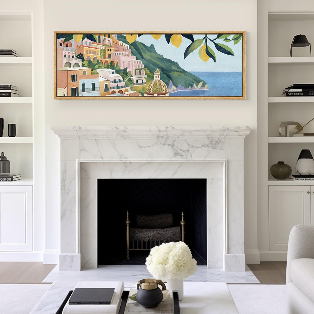 Large Framed Canvas Print Wall Art Mediterranean Coastal Village with Lemon Tree Antique Retro Fine Art Illustrations