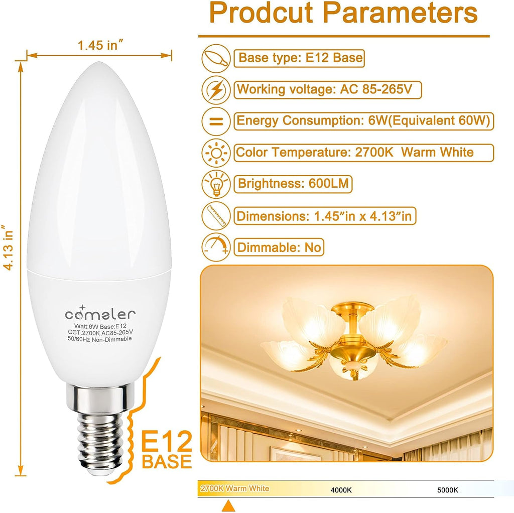 E12 LED Candelabra Light Bulb 60W Equivalent 2700K Warm White