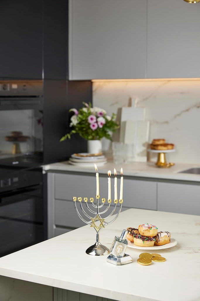9 Branch Metal with Magen David: Modern, Elegant Jewish Hanukkah Replica Candelabra Candleholder Stand, 2-Toned