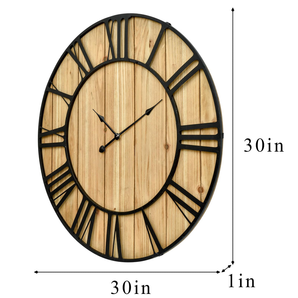 Large Farmhouse Wall Clock 30 Inch Vintage Brown Wooden Wall Clock with Quiet Ticking and Minimalist Roman Numerals